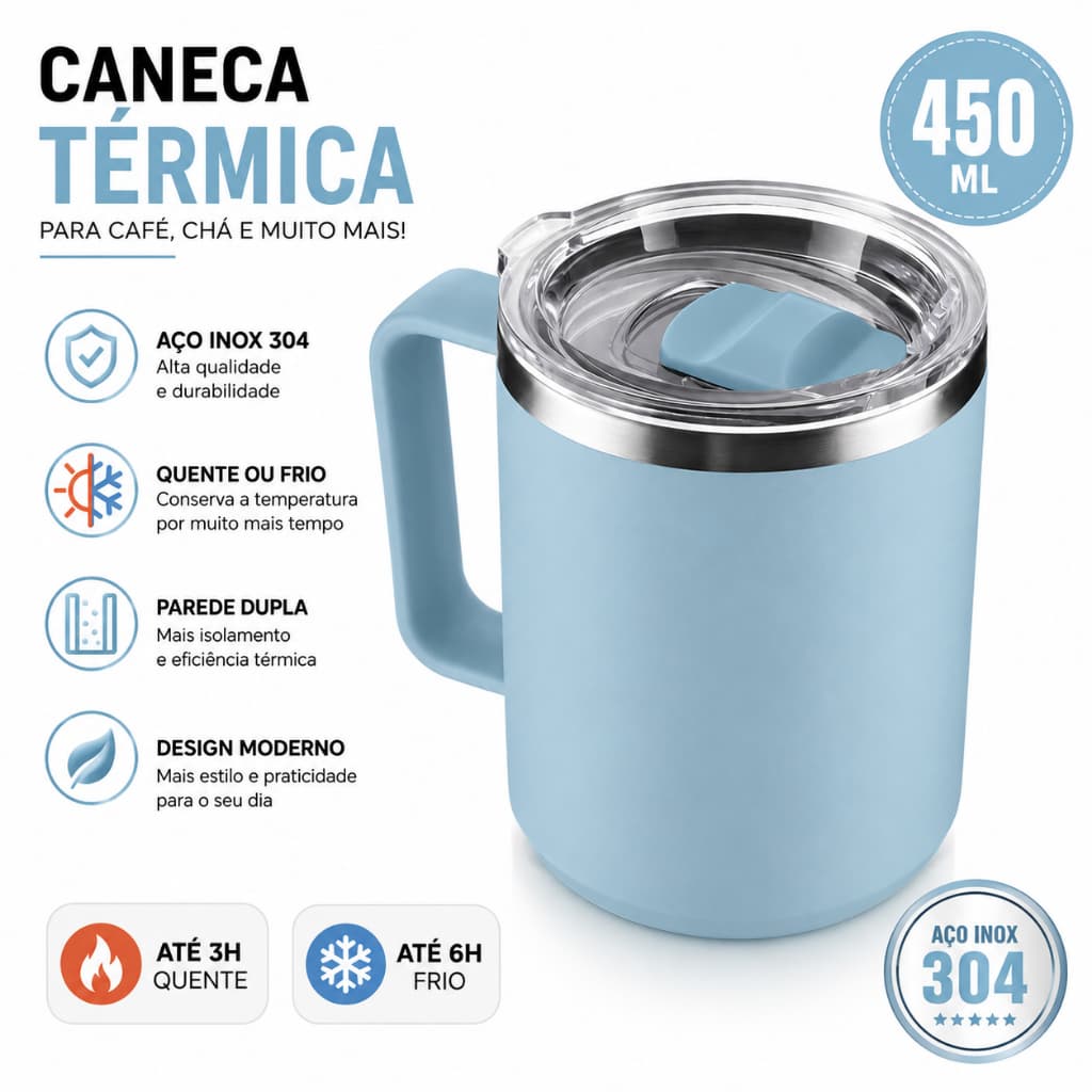 Caneca Térmica Café 450ml com Tampa Aço Inox Parede Dupla Azul