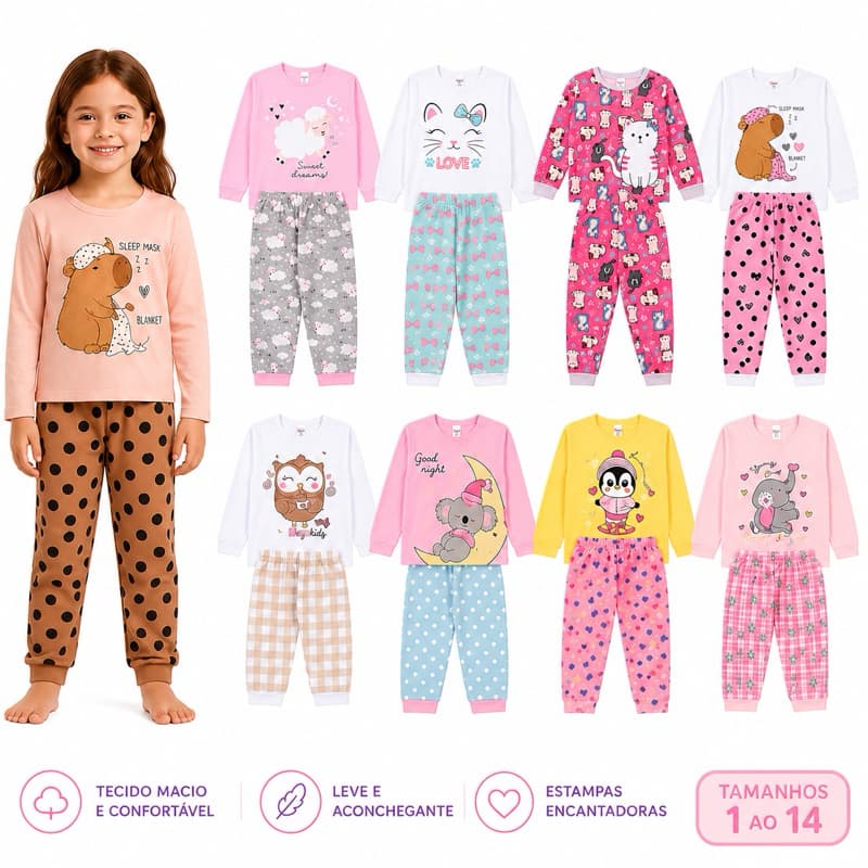 Pijama Infantil Feminino Manga Longa Conjunto Inverno Confortável Algodão e Poliéster Sortidos Tam. 1 ao 14