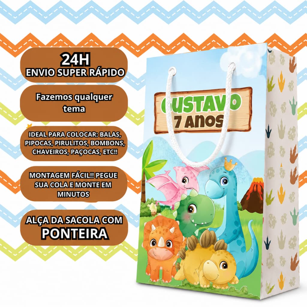 Sacolinha Personalizada Dinossauro nome com placa Festa Infantil Envio Imediato 24H