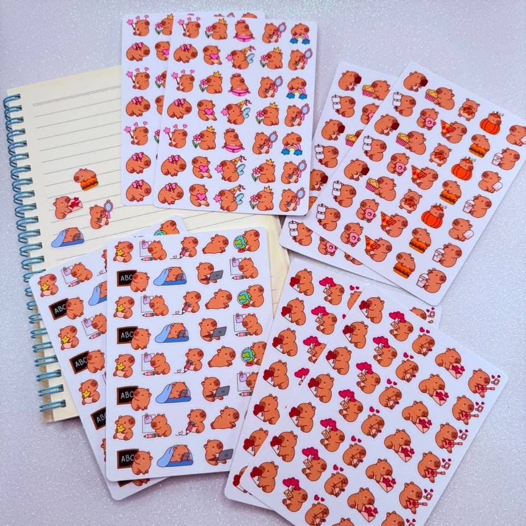 Kit 8 Cartelas de Adesivos Para Planner/Bullet Journal Capivara Fofa Kawaii
