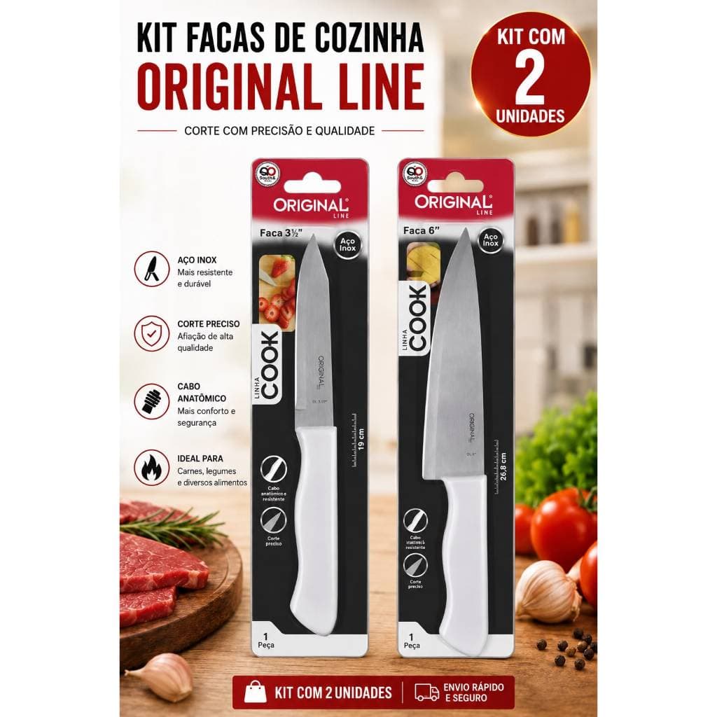 Kit 2 Facas de Cozinha 2 Peças Aço Inox 3,5" e 6" Cabo Anatômico Corte Preciso