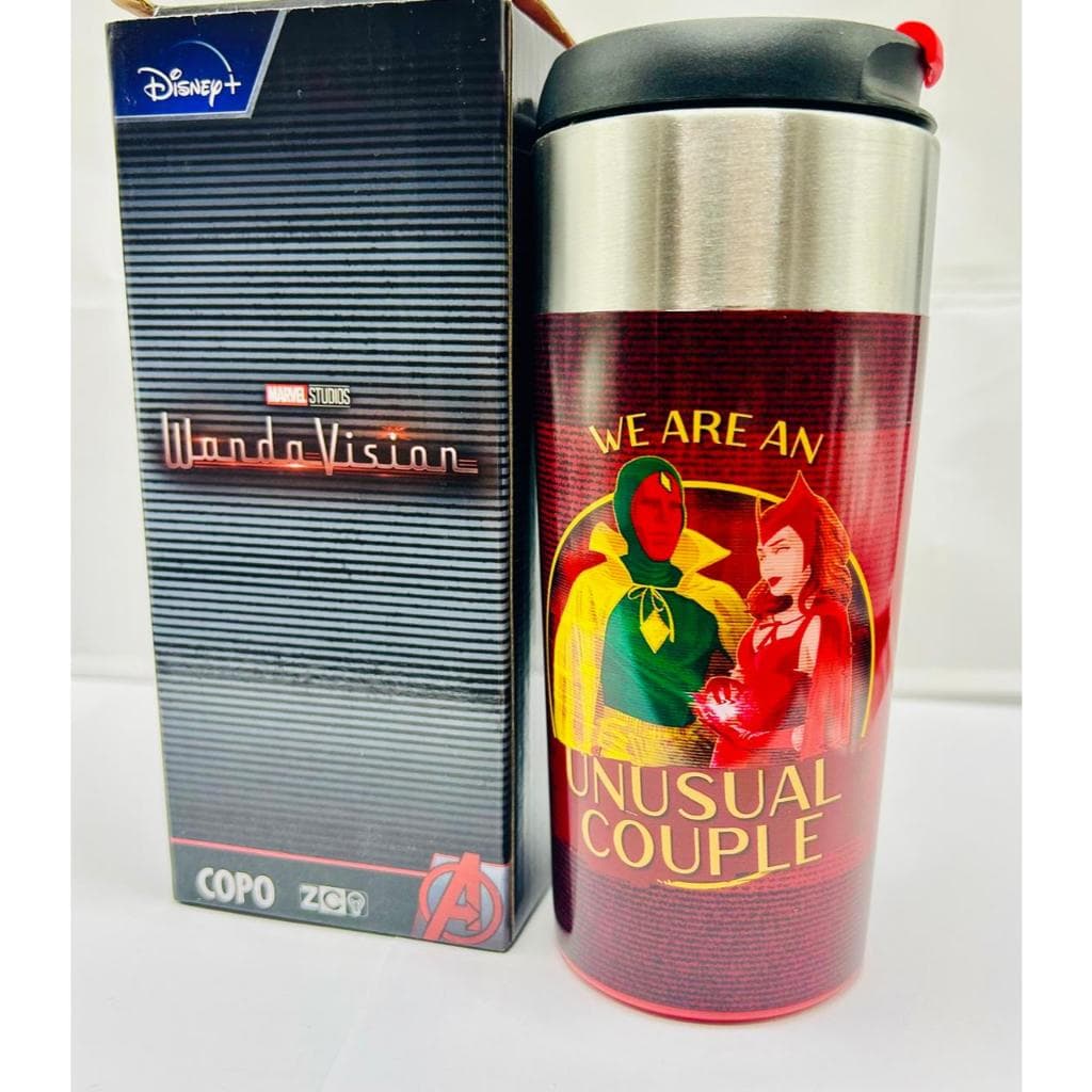 Copo WandaVision Visão 300ml Com Tampa Oficial Marvel Zona Criativa Presente Geek Colecionável