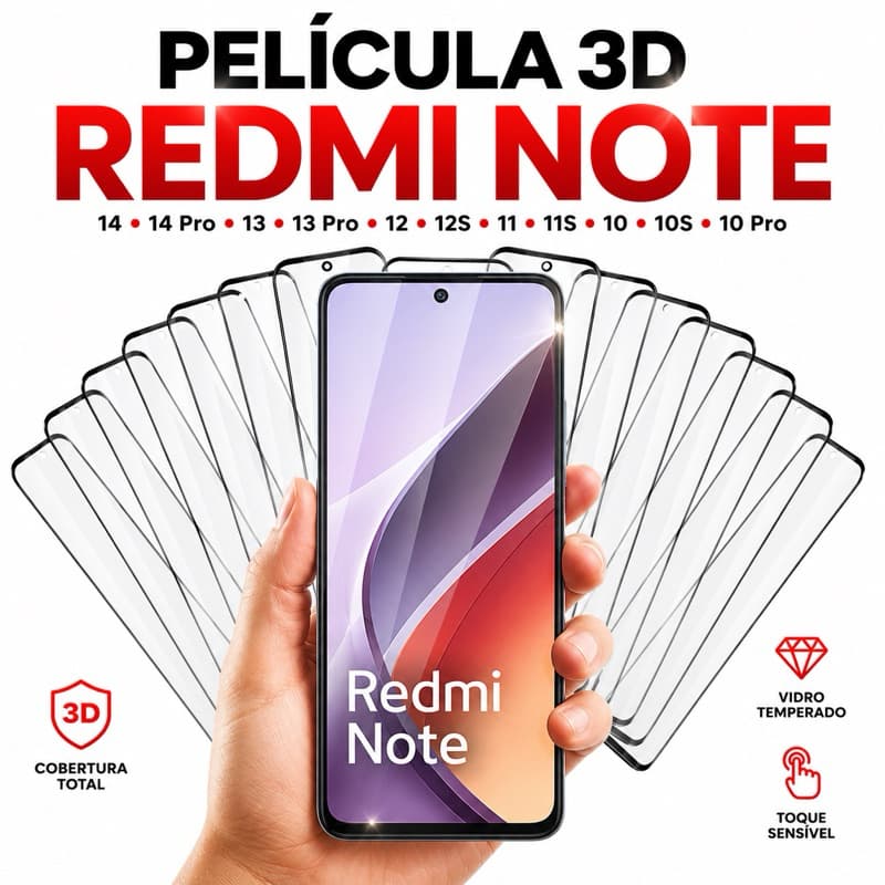 Película 3D Vidro Xiaomi Redmi Note 14 14 Pro 13 13 Pro 12 12S 11 11S 10 10S 10 Pro Tela HD no