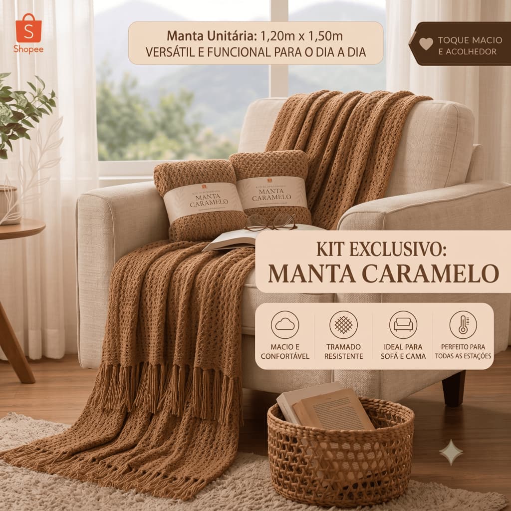 Manta-Xale Premium Camelo-Liso com Franjas Soltas de Luxo - Manta Xale Decorativa para Sofá e Cama