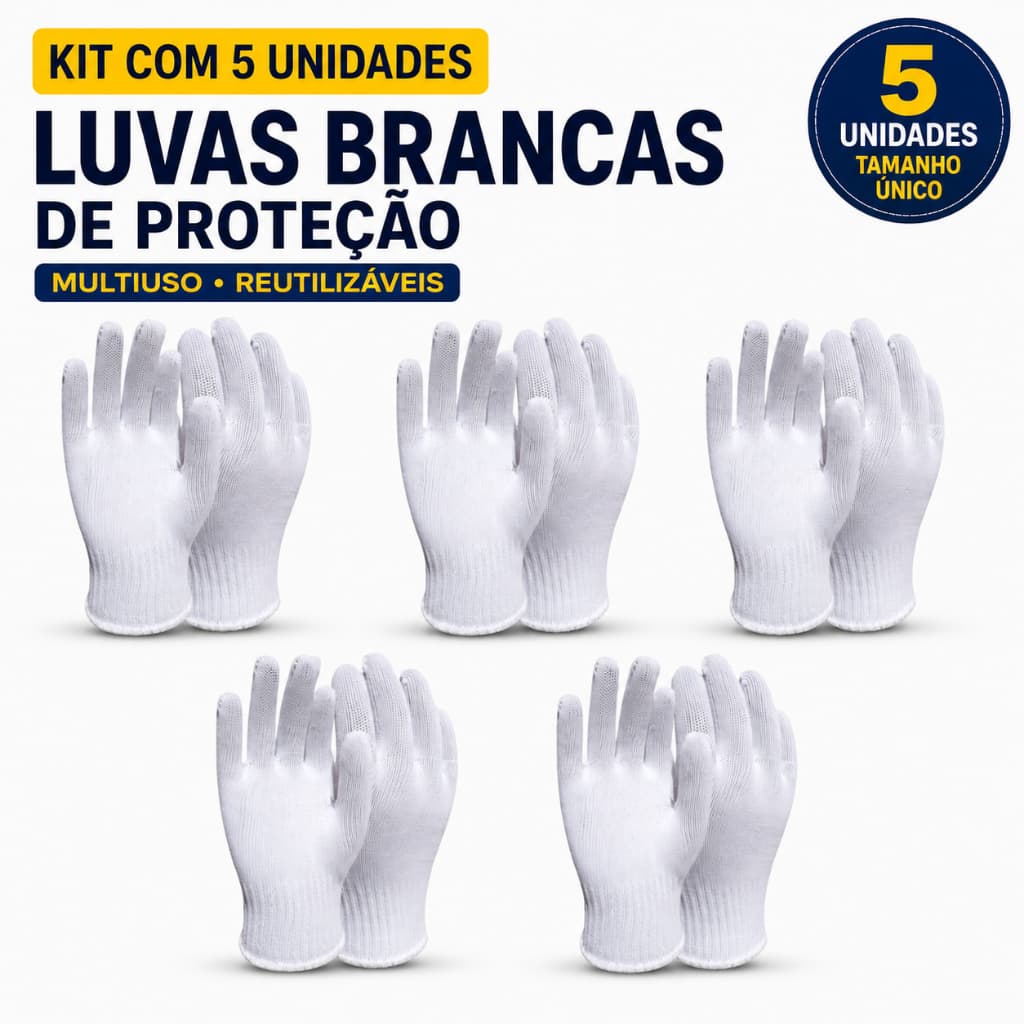 Kit 5 Luvas Brancas de Proteção Multiuso Reutilizáveis