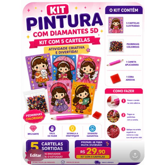 🔥 Kit Pintura com Diamantes 5D Infantil | 5 Cartelas + Pedrinhas + Caneta | Diversão Garantida