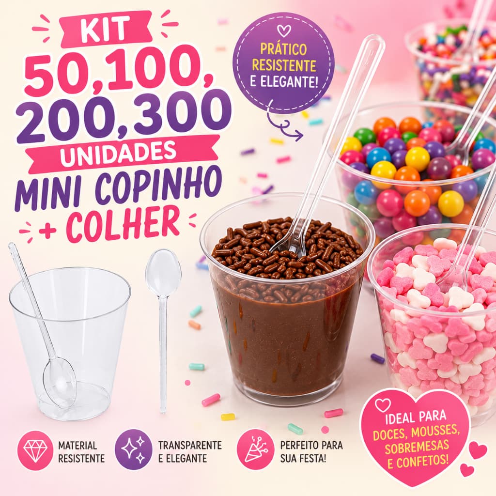 Kit 50/100/200 Mini Copinho 25ml Mini Colher Acrílico Cristal Brigadeiro Mouse Festa Aniversário