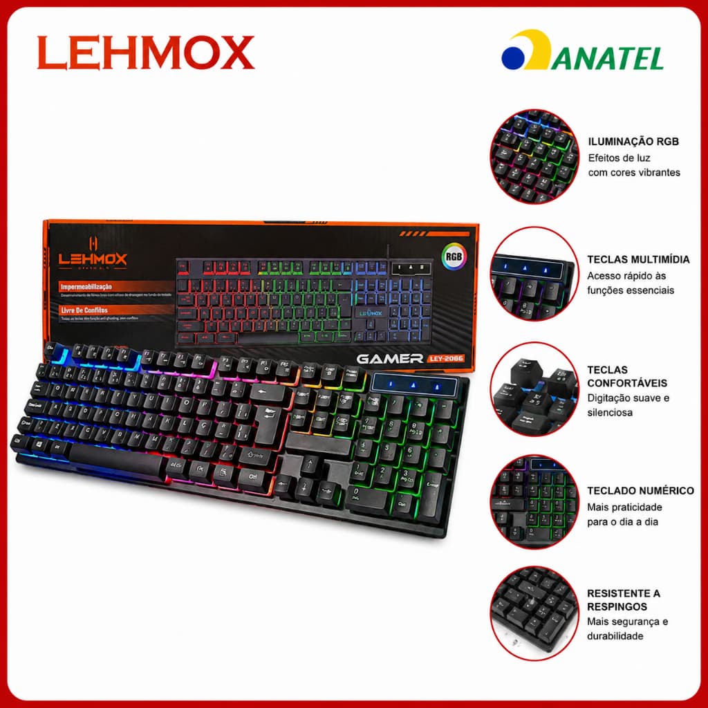 Teclado Gamer Premium Lehmox USB Com Fio RGB Multimídia