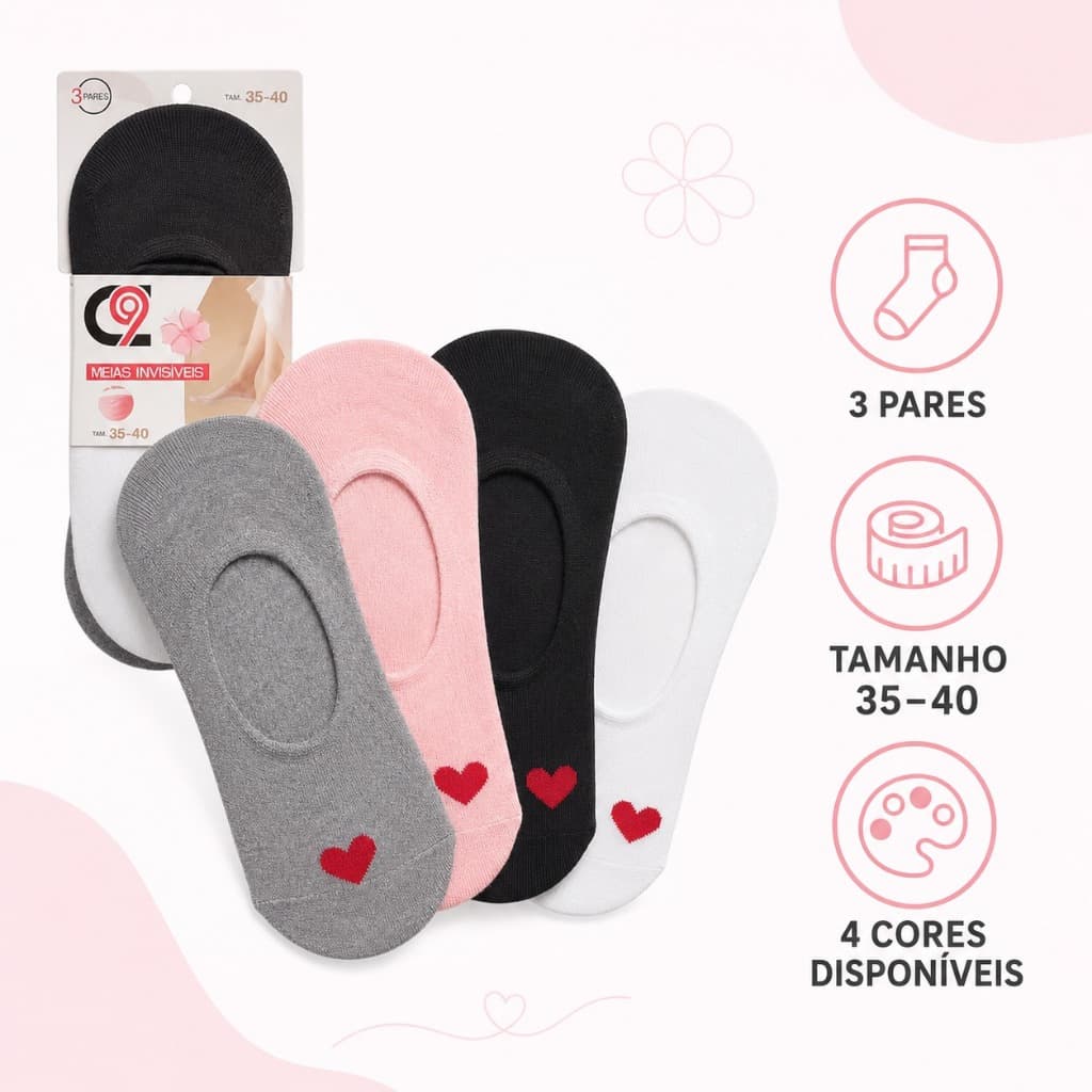 Kit com 12 Pares de Meias Invisíveis Femininas com Coração – Tamanho 35 ao 40