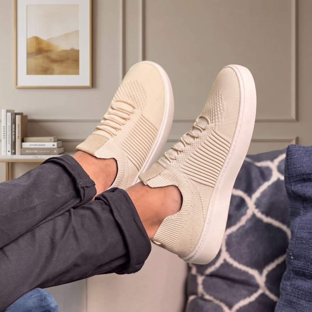 Tênis Slip On Masculino em Malha Knit Cinza com Cadarço e Solado Branco Flexível Estilo Urbano