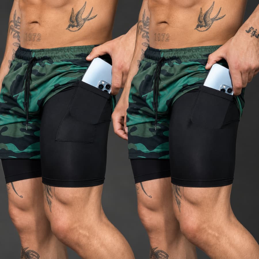 Kit 2 Bermuda Fitness Camuflada 2 em 1 – Treine com Estilo