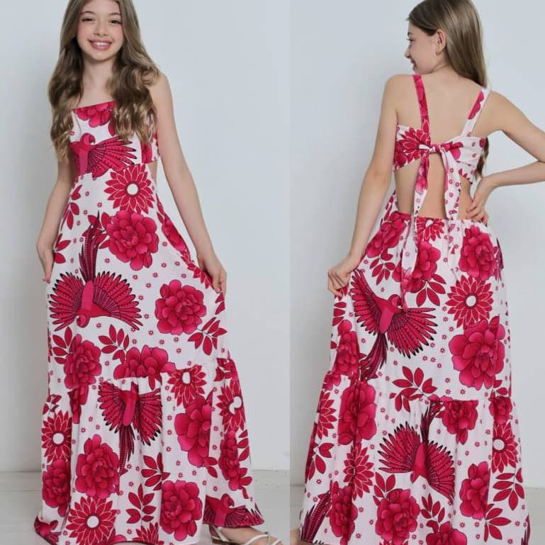 Vestido Juvenil Longo com Estampa Floral E Recorte Na lateral Para Meninas