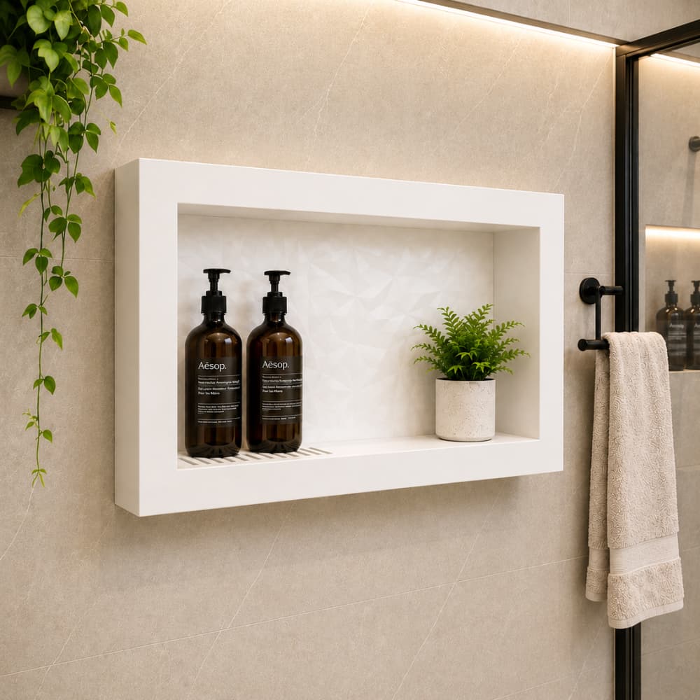 Nicho de Embutir Branco para Parede Fácil Instalação 63x33 Banheiro Organizador Porta Shampoo e Sabonete Premium
