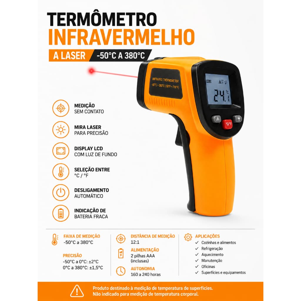 Termômetro Infravermelho Digital com Laser LCD -50°C a 380°C Medidor de Temperatura de Superfície