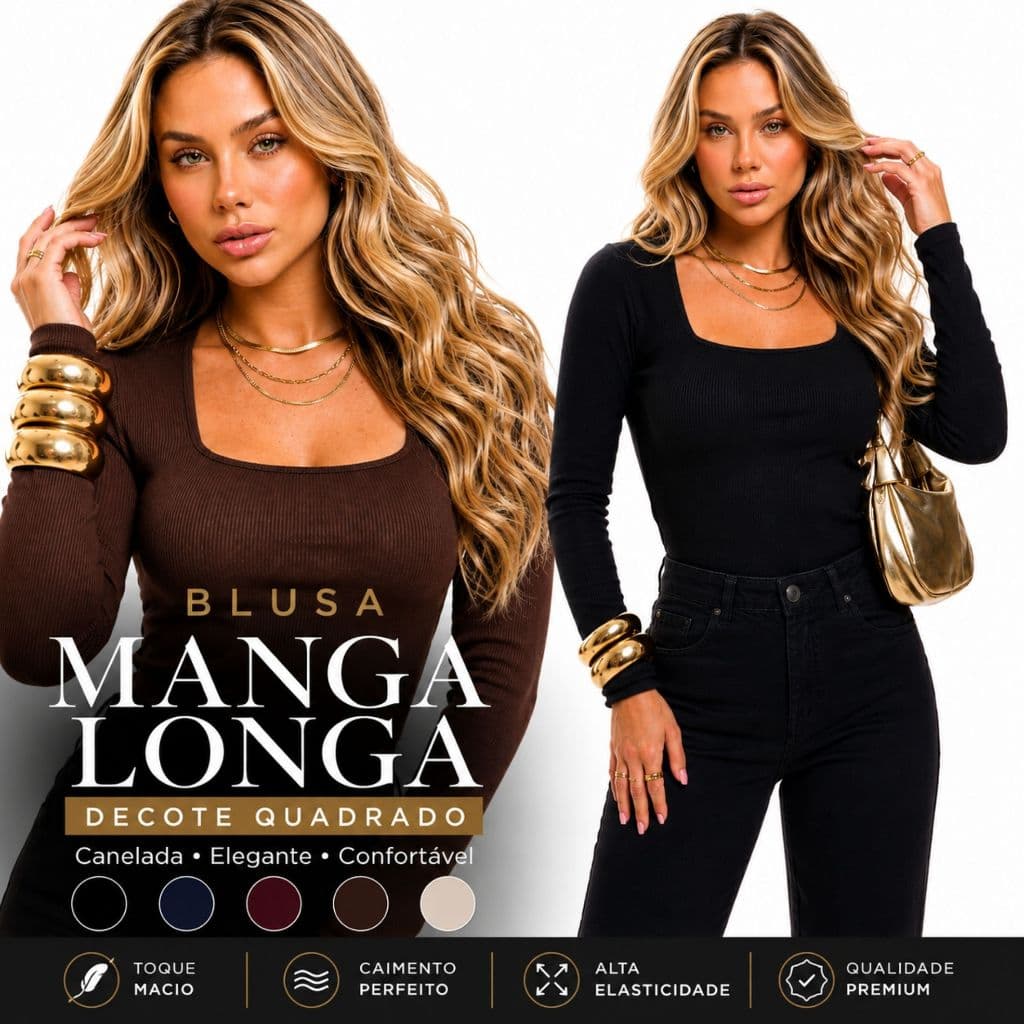 Blusa Feminina Manga Longa Canelada Decote Quadrado Segunda Pele Básica Elegante Inverno