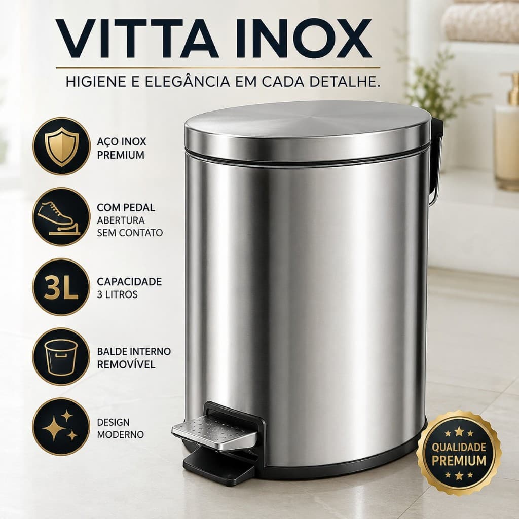 Lixeira Inox 3 Litros com Pedal Balde Removível Aço Inox Compacta para Banheiro Lavabo Cozinha Escritório Vitta Inox