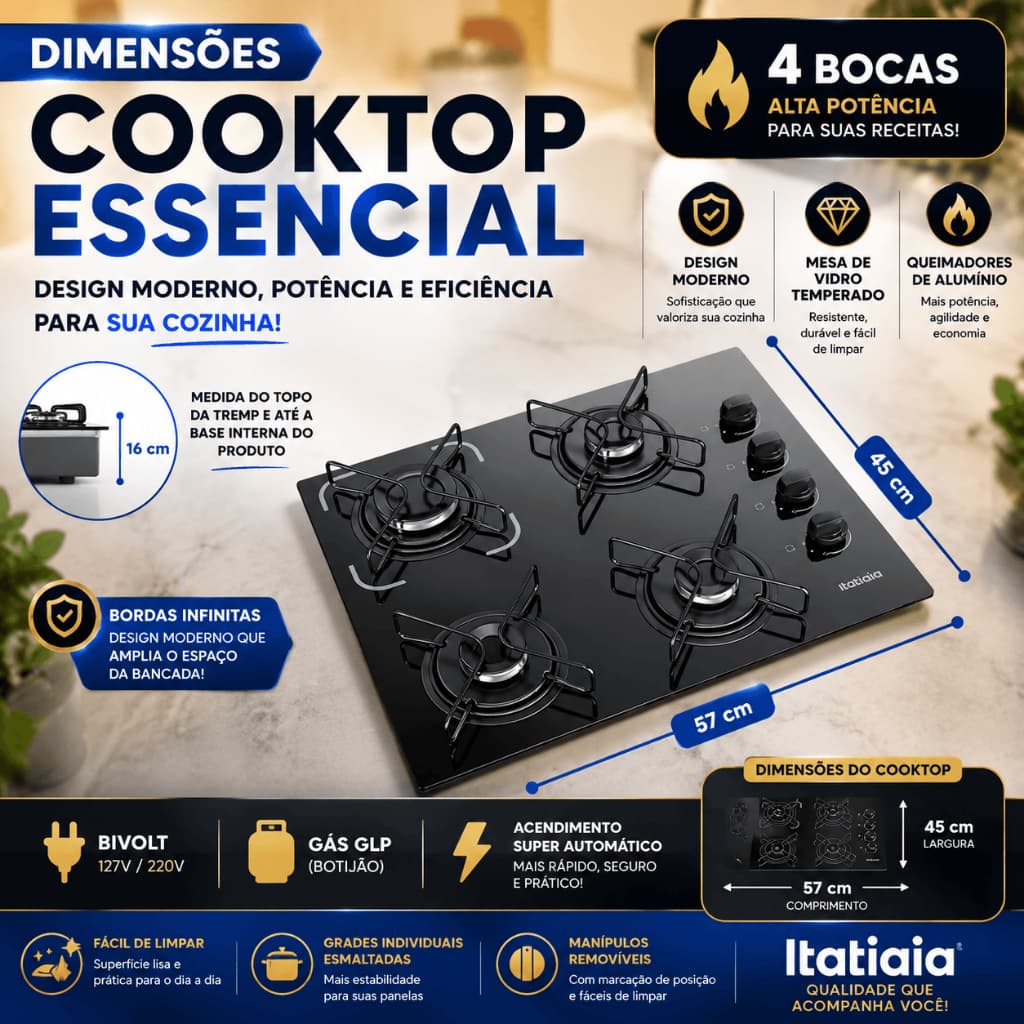 Cooktop 4/5 Bocas a Gás Itatiaia Mesa de Vidro Temperado Bivolt Queimadores Potentes