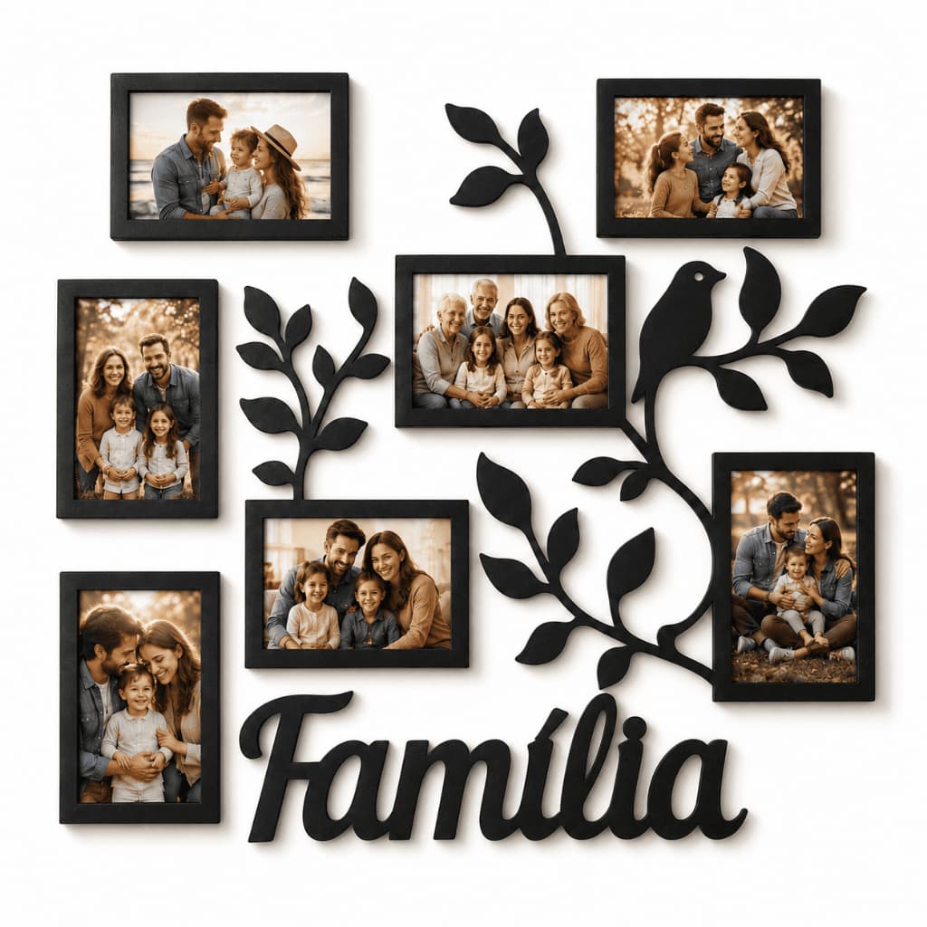 Quadro Porta Retrato Família 7 Fotos MDF Decoração Parede Presente