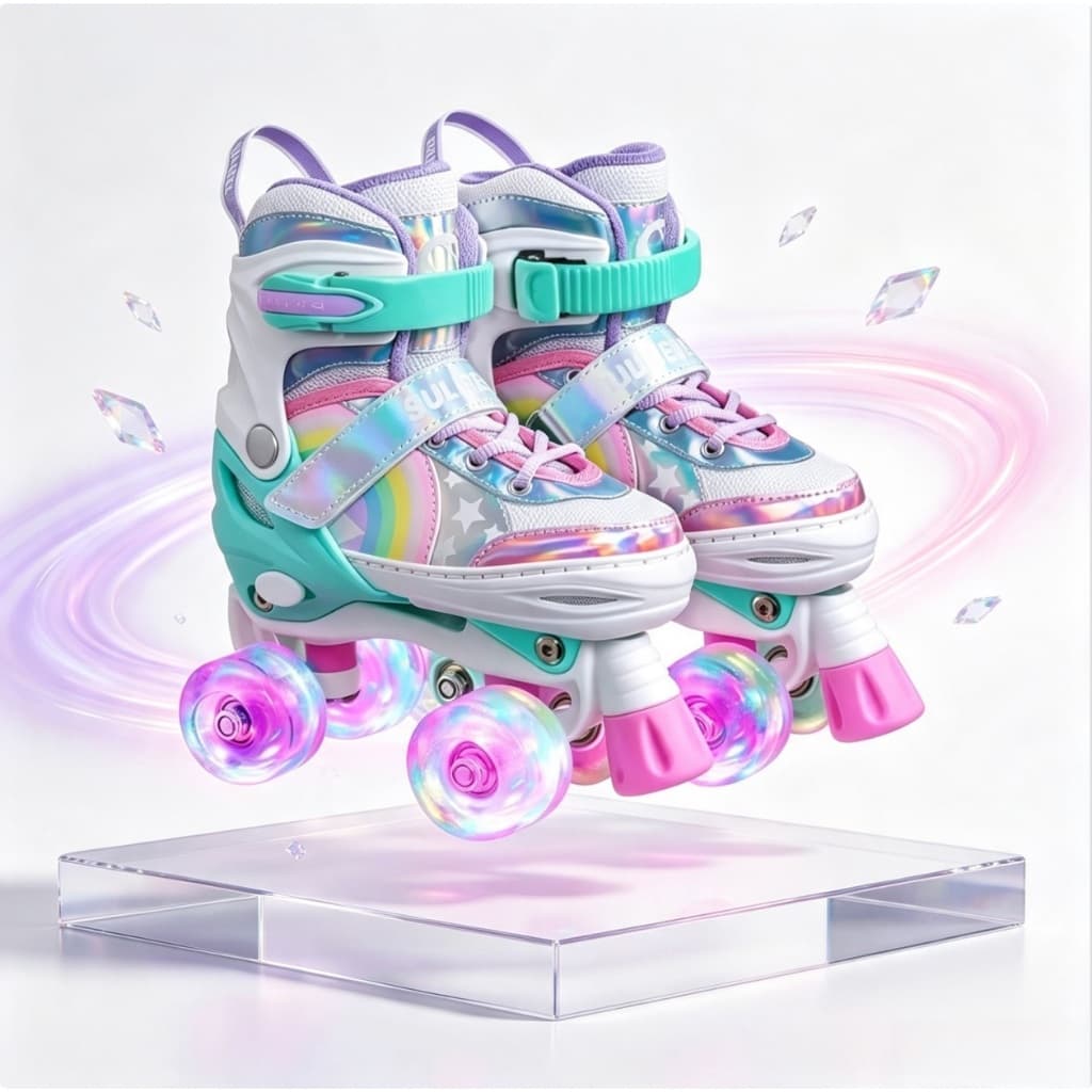 Patins Infantil De 4 Rodas Verde Arco-iris Freios Com Led Patins Meninas