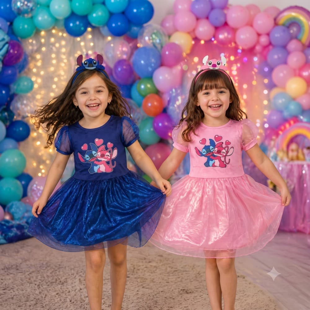 Fantasia Infantil Vestido Stitch ou Angel com Arquinho P ao EXG Aniversario Carnaval