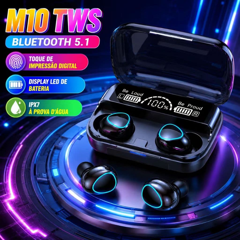Fone Bluetooth M10 Super Grave Estéreo HiFi TWS Sem Fio Headset Esportivo Redução de Ruído Tela LED