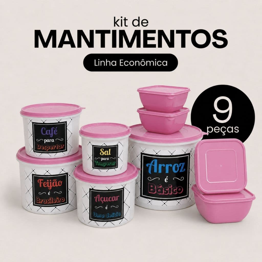 Kit Pote de Mantimento Para Organizar Despensa Linha ECONÔMICA 9 Peças Arroz Feijão Açúcar Café Sal