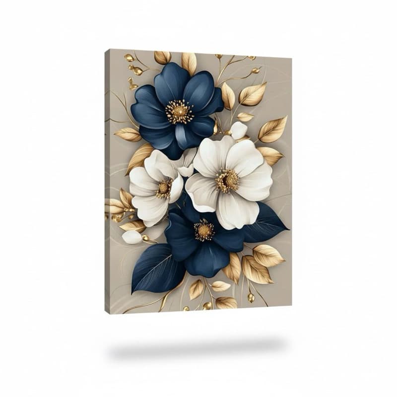 🌸✨ Quadro Decorativo Floral Luxo – Flores Azul Marinho e Dourado | ✨🌸