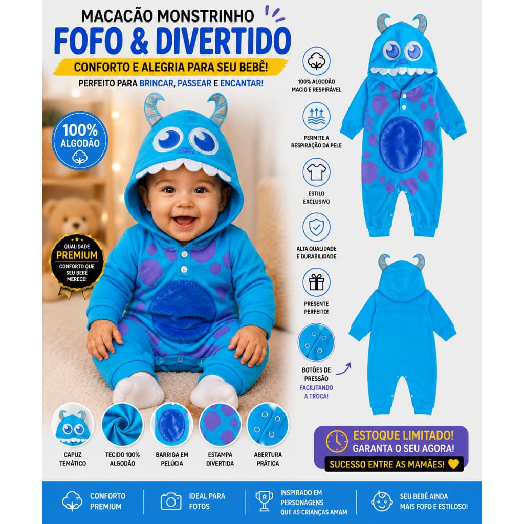 Roupa de Bebê Macacão Tematicos Personagens com Capuz SULLIVAN