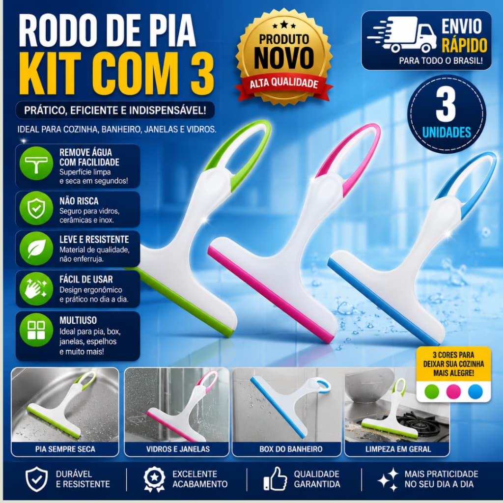Kit 3 2 e 1 Unidade Rodo de Pia para Cozinha Limpa Janela Seca Vidro Utensílios de Cozinha