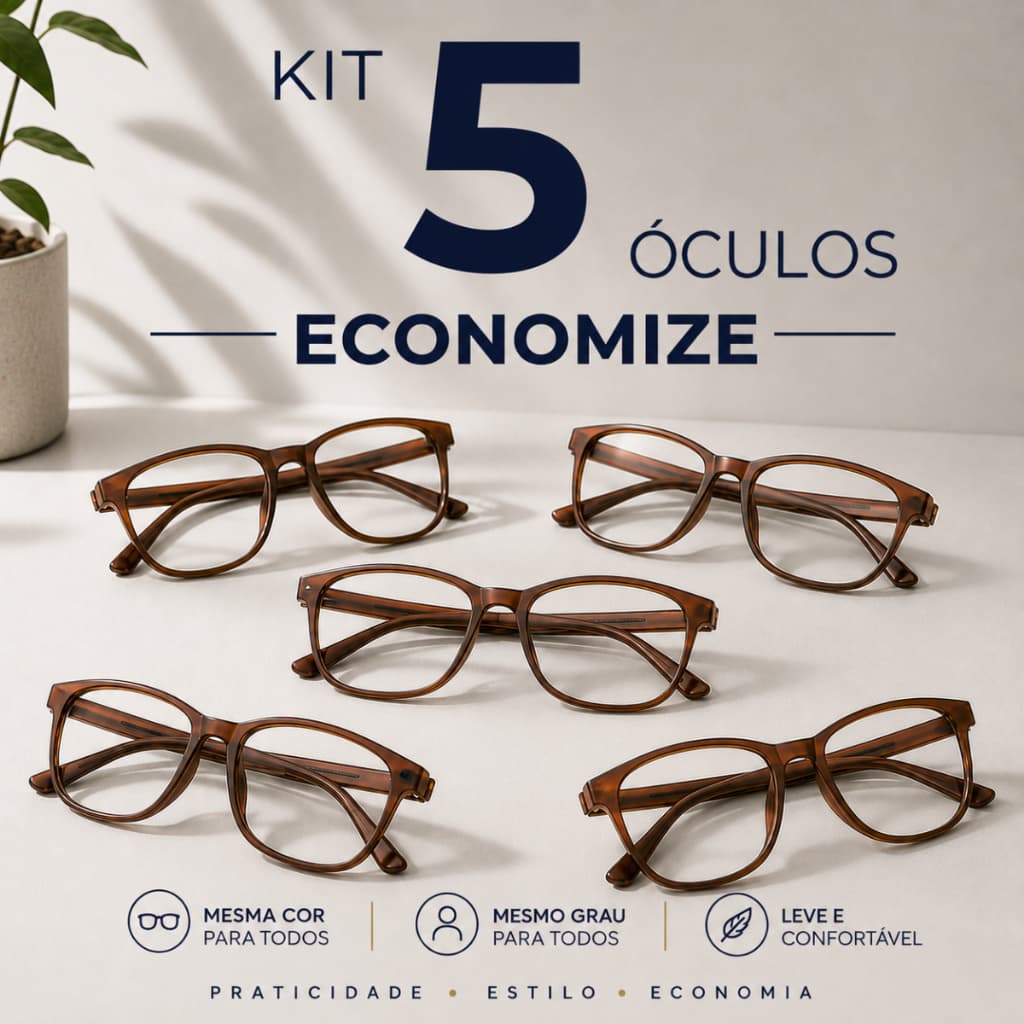 Kit com 5 Óculos de Grau para Presbiopia | Leitura – Cor Marrom, modelo Unissex, Leve e Confortável