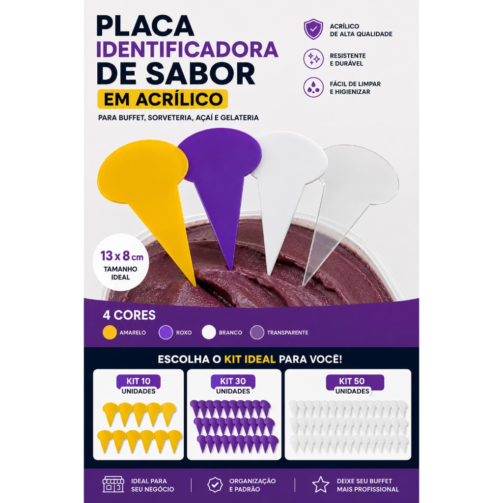 Placa Identificadora de Sabor em Acrílico para Buffet Sorveteria Açaí 13x8 cm Kit 10 30 ou 50 Unidades