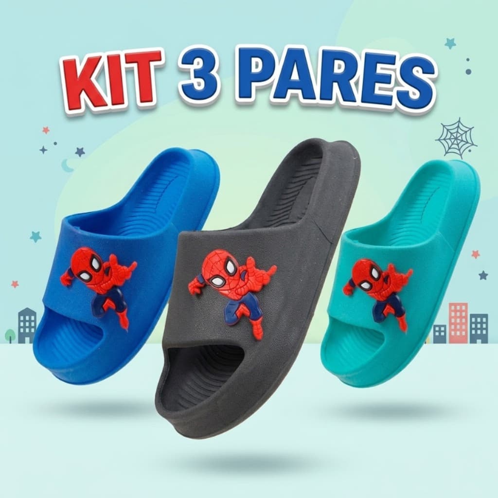 Kit 3 Pares Chinelo Infantil Menino Personagem Confortável para Praia Piscina Casa
