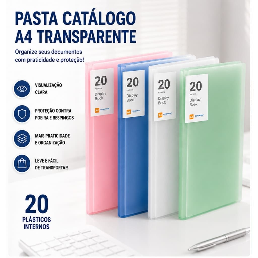 Pasta Catálogo A4 Transparente 20 Folhas Porta Documentos em PP Resistente para Escola, Escritório e Casa