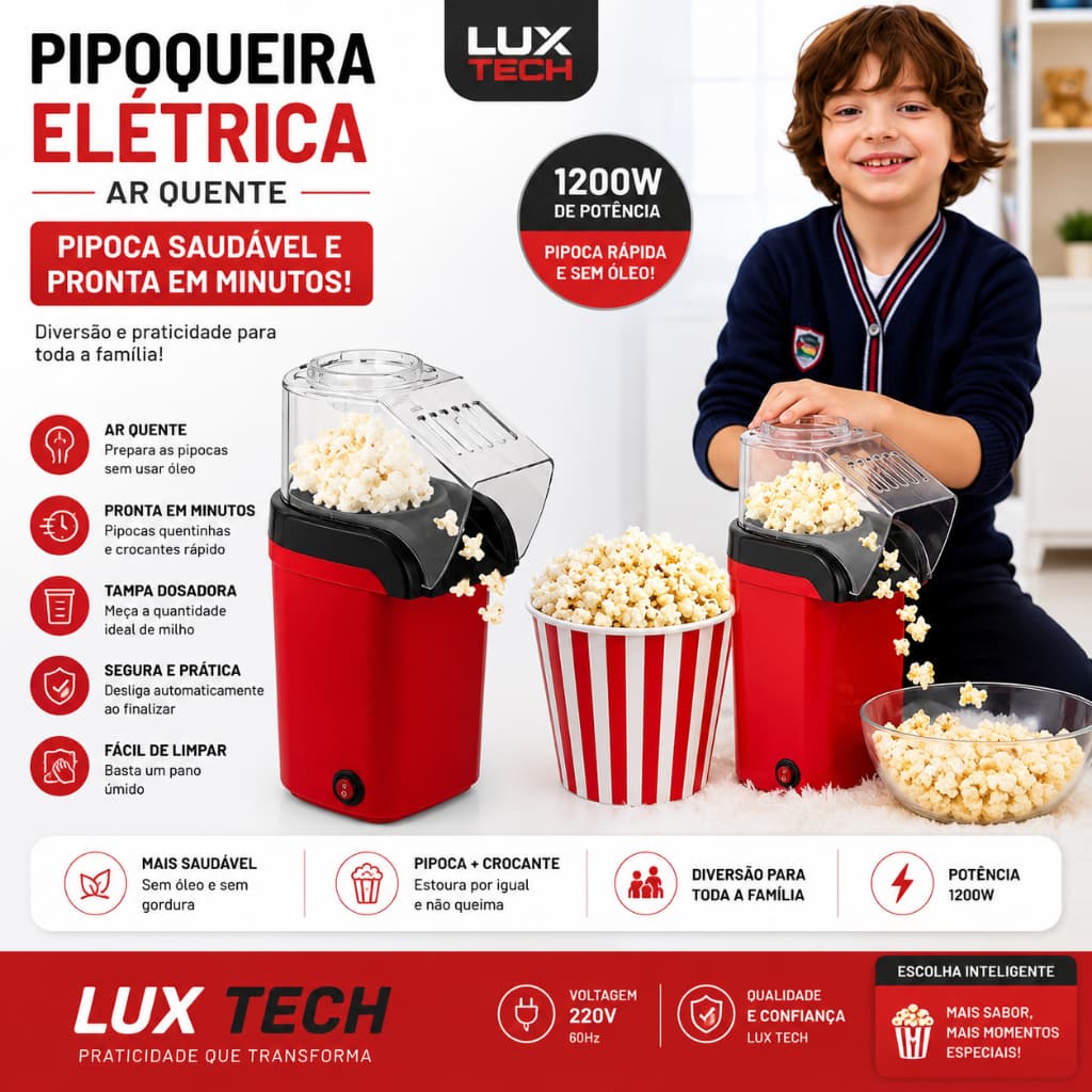 Pipoqueira Eletrica Ar Quente Vermelha 1200W 220v Maquina De Fazer Pipoca