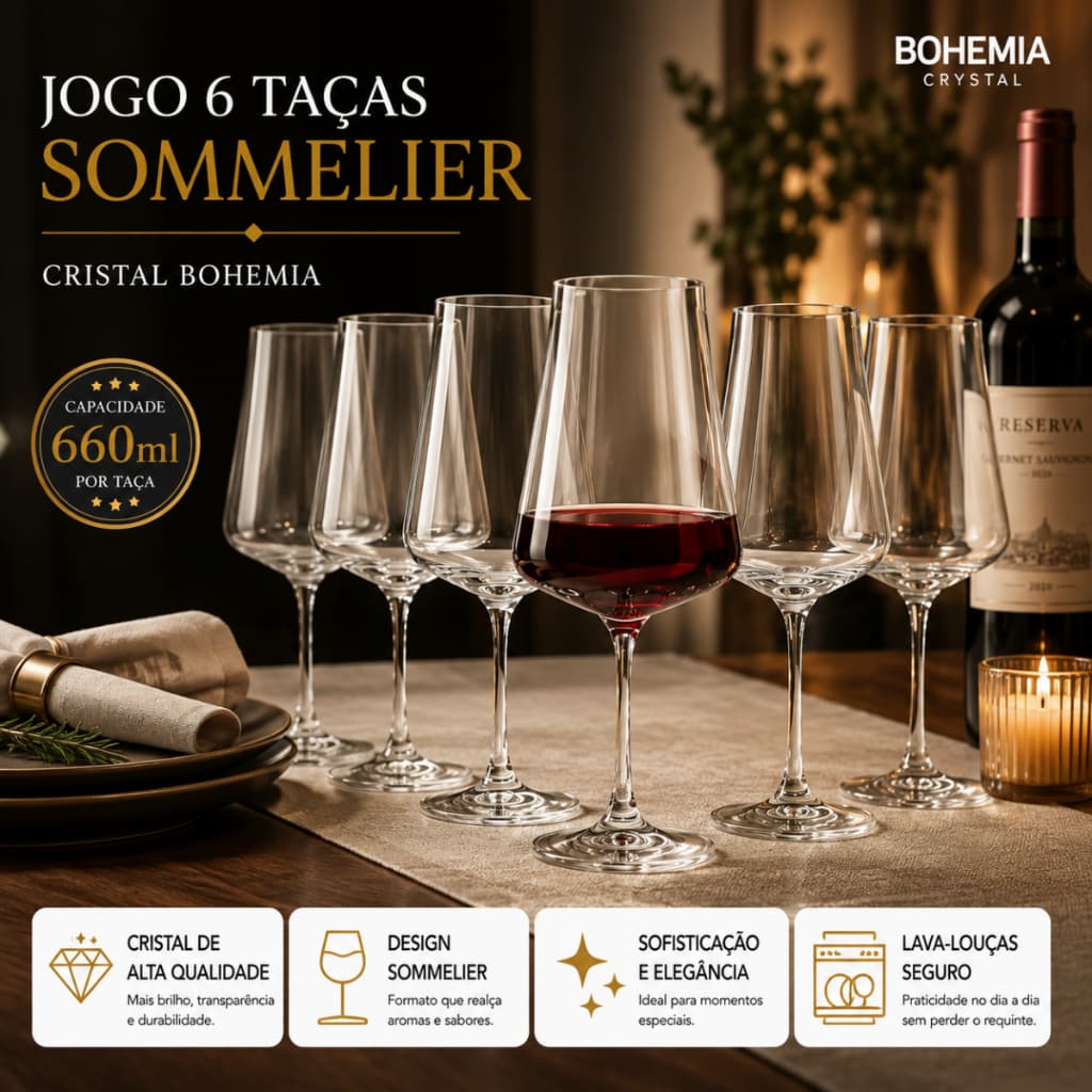 Jogo 6 Taças De Cristal Bohemia 660ml Taça Cristal Titanium Vinho Tinto 660ml Xtra