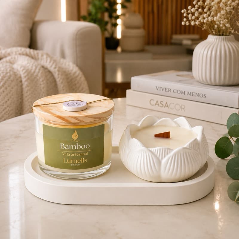 Kit Presente Vela Aromática Bamboo e Lavanda  |Artesanal com Cera de Coco Natural | Acompanha Bandeja Decorativa