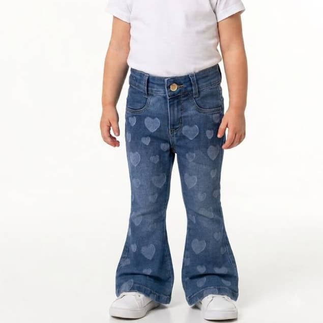 Calça Jeans Infantil Flare Menina Estampa Corações Confortável 1 a 3 Anos
