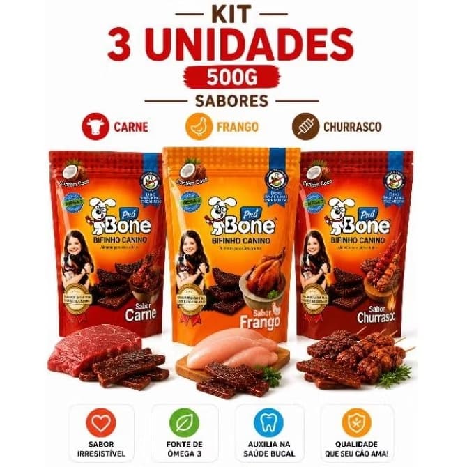 BIFINHO PRÓ BONE CÃES REFIL CARNE CHURRASCO FRANGO 3UN 500G
