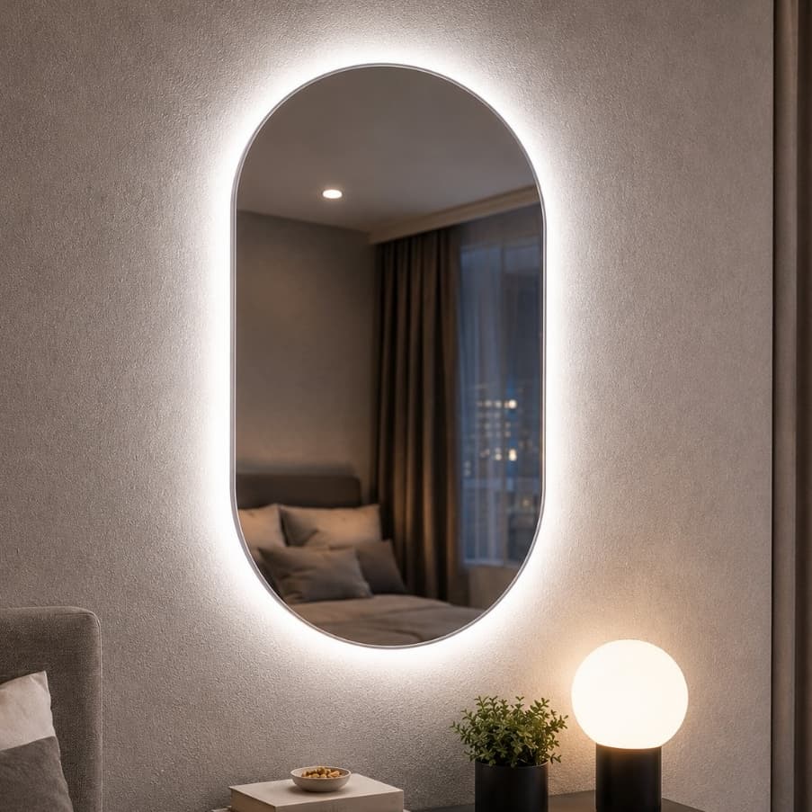 Espelho Oval LED Luz Quente e Fria 50x40 e 80x50 para Banheiro Moderno