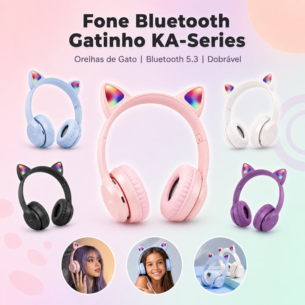 Fones de ouvido Bluetooth sem fio com LED, desenvolvidos especialmente para gatinhos.