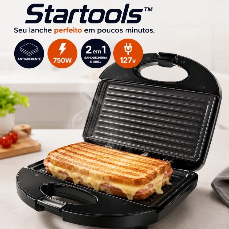 Sanduicheira Grill Elétrica Prensa Dupla 2 Em 1 Antiaderente 750W Potente 127V Cozinha Compacta