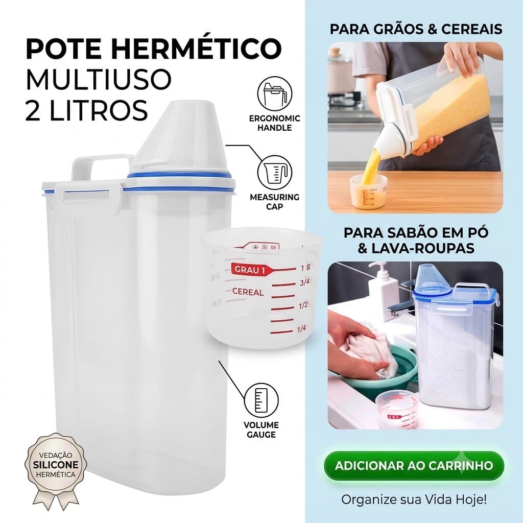 Pote Hermético 2 Litros Com Copo Medidor Dosador Para Grãos Cereais Sabão Em Pó Organizador Cozinha