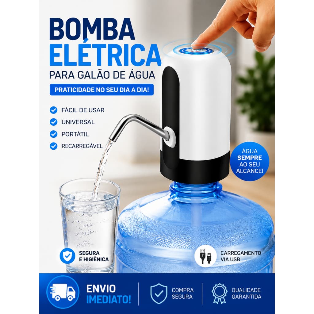 Bomba Elétrica De Galão Universal Com Carregamento USB Para Galão/Garrafão De Água 5L/10L/20L