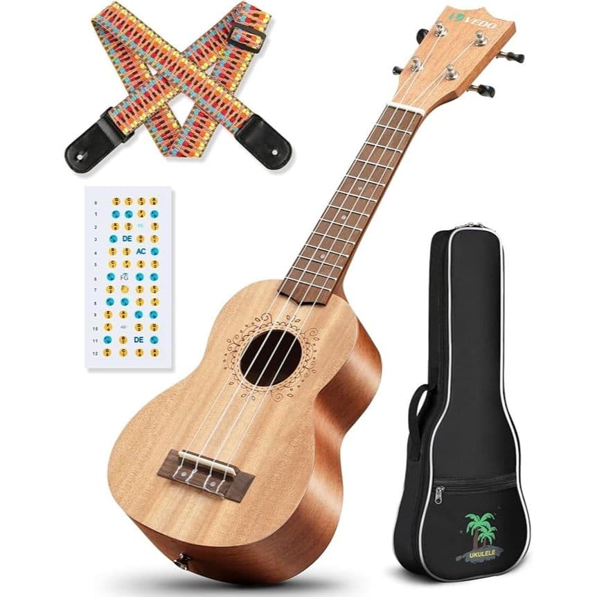 VEDO Ukulele de mogno de 21 polegadas para iniciantes, ukulele agudo com capa de apresentação, faixa arco-íris