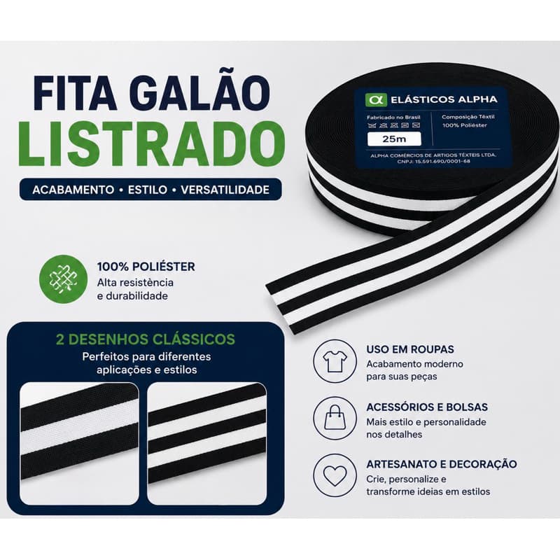 Fita Galão Listrado Gorgurão Poliéster Artesanato Moda e Confecção 35mm E 25mm Rolo com 25m
