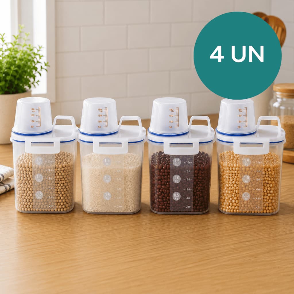 Kit 4 Potes Hermético 1,5 kg  C/ Bico Medidor Porta Grãos Arroz/ Feijão/ Açúcar Organizador Cozinha Porta Mantimentos