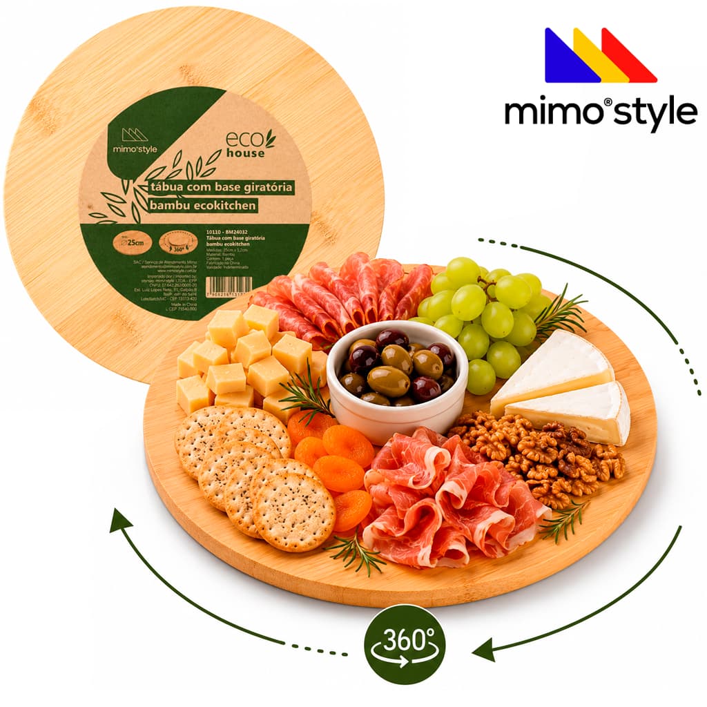 TÁBUA BAMBU GIRATORIA PETISQUEIRA 25CM SERVIR FRIOS PETISCOS TABUA COZINHA CHURASCO QUEIJO