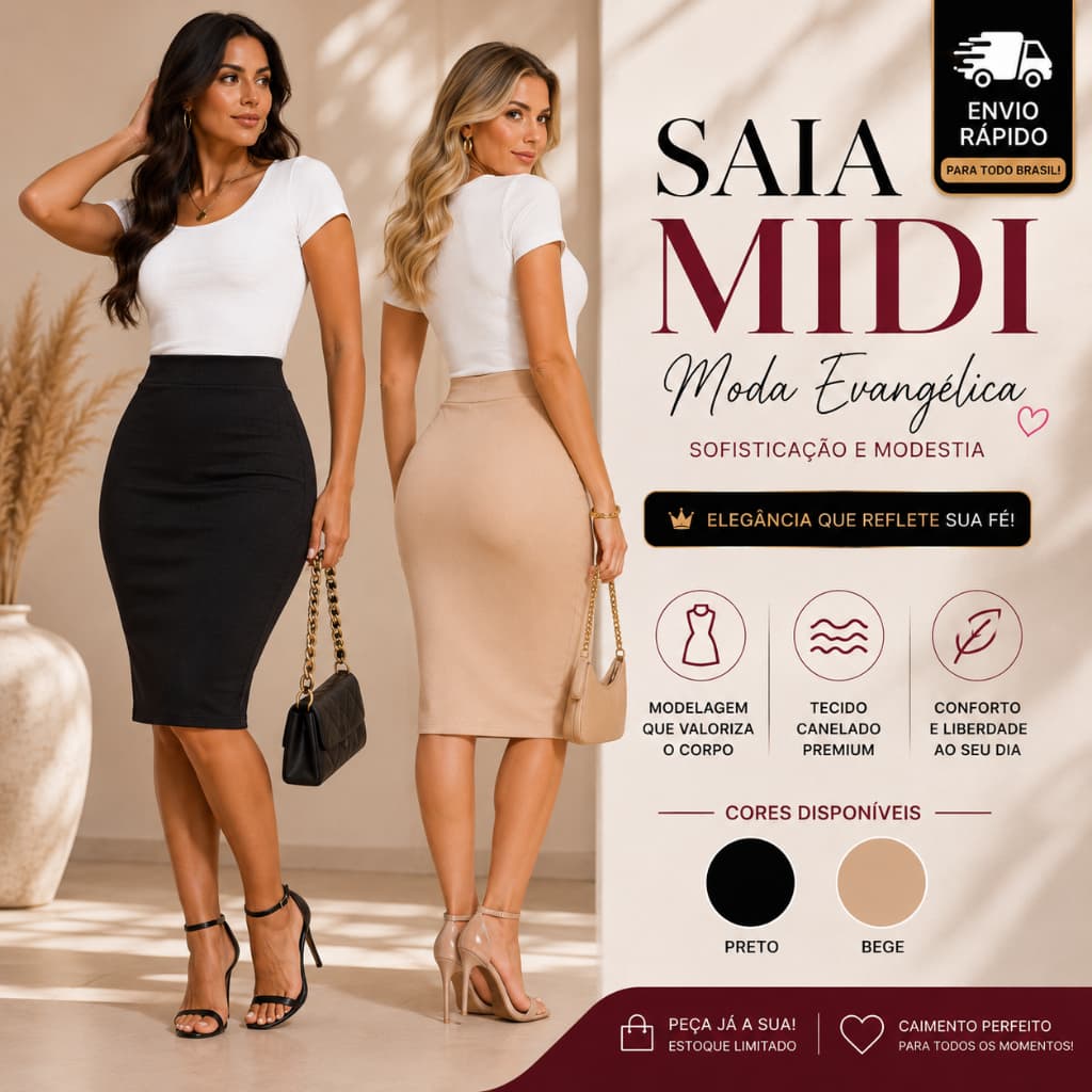 Saia Midi Moda Evangélica Canelada Cintura Alta com Elástico Premium