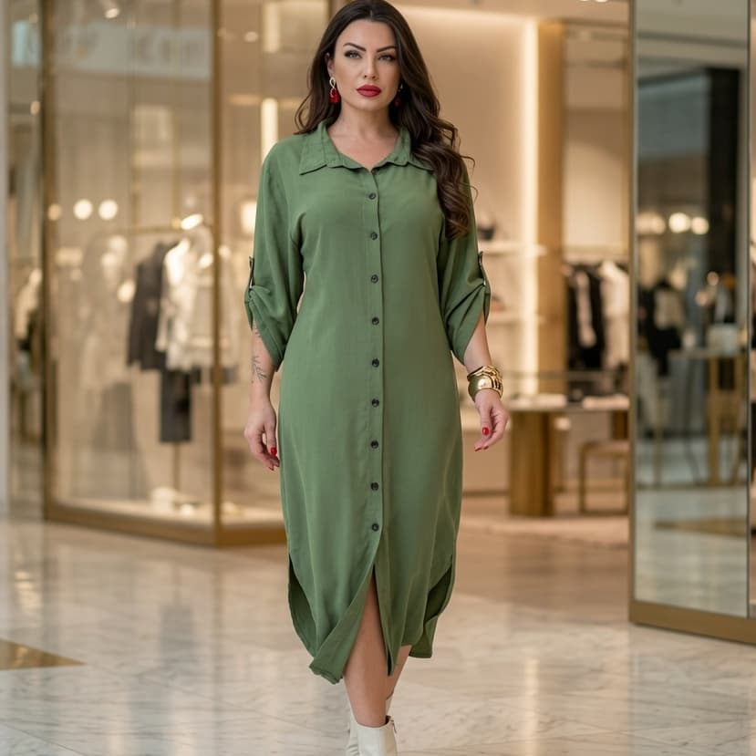 Vestido Femenino Longo, Chemise Con Botões, Manga 3/4,Tecido Viscolinho, Plus Size, Moda Evangélico.
