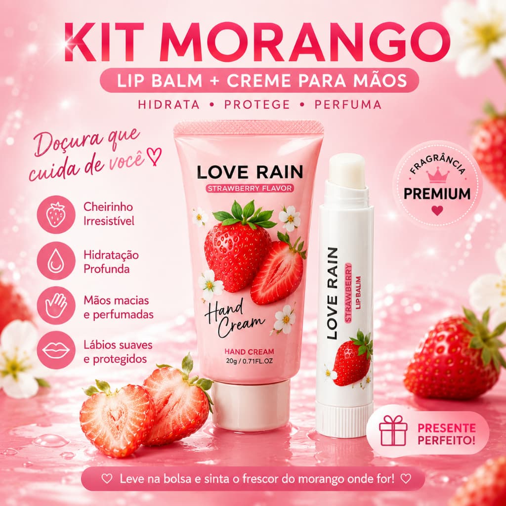 Kit Lip Balm + Creme para Mãos Love Rain Morango Hidratante Labial Creme Hidratante Portátil Presente Feminino
